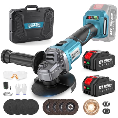 SEESII Akku Winkelschleifer 125 mm, 21V Flex Winkelschleifer mit 2x 4000mAh Akku, 10,000RPM Winkelschleifer Set mit 4x Schneidrad, 4x Fächerrad, 1x Holzschnitzrad für Präzises Trennen und Schleifen von Seesii