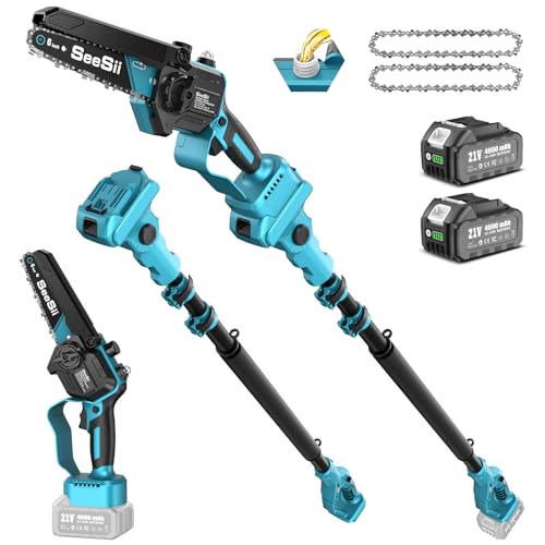 SEESII 2-in-1 Kabelloser Teleskop Astsäge & Mini Mettensäge, 6 Zoll Bürstenloser Mettensäge mit Teleskopierbarem Stab, Kettenastsäge mit Akkuantrieb und 2×4000mAh Akkus, Geeignet für den Baumpflege von Seesii