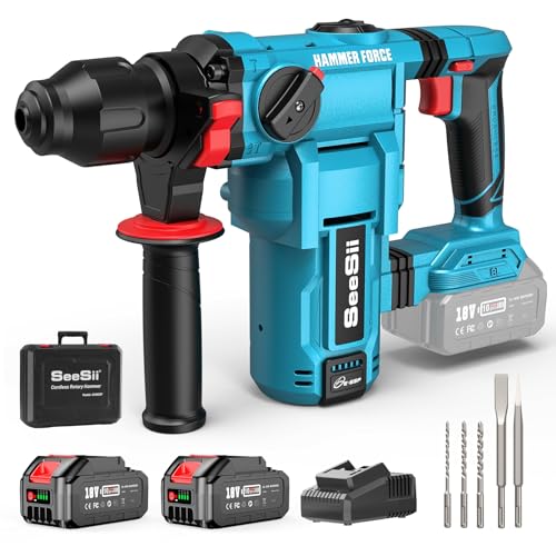 Seesii 4,3J Akku Bohrhammer: 2 x 5.0 Ah Akkus und Ladegerät, 1000W Leistung, Bürstenloser Motor, SDS-plus, Akku Schlagbohrmaschine Mit Hammerbohrer, Meißeln für den Heimgebrauch und Bauarbeiten von Seesii