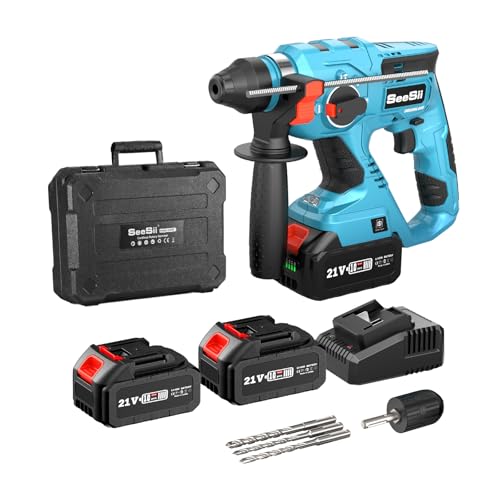 Seesii 2.1J Akku Bohrhammer: 3-IN-1 SDS-Plus Bohrhämmer mit 2 X 4,0Ah Akku, Bürstenloser Motor, Akku Schlagbohrmaschine mit Hammerbohrer, Bohren, Meißeln für den Heimgebrauch und Bauarbeiten von Seesii