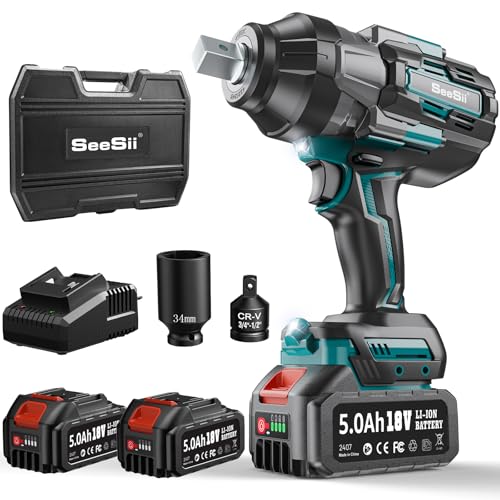 Seesii 1600Nm Akku-Schlagschrauber, 3/4’’ Schlagschrauber Akku Bürstenlos mit 2 * 5000mAh Akku, 3-Gang-Getriebe, Außenvierkant-Aufnahme, 3/4’’ auf 1/2’’ Bit-Adapter, 34mm Schlagnuß für Radmutter von Seesii