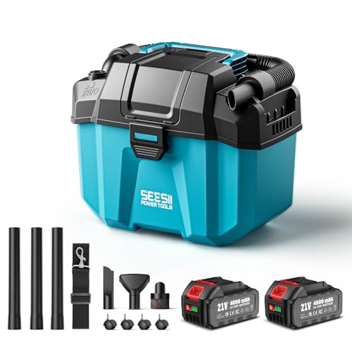 SEESII Akku Nass und Trockensauger, 3-in-1 Werkstattsauger mit Gebläse 2x4000mAh Batterien, 10L Nass Trockensauger Mini, Schultergurt, 4 Rädern und Aufsätzen, Ideal für Werkstatt/Auto/Baustelle (Blue) von Seesii