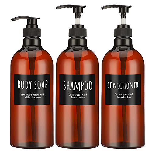 1000ml/33.8oz Shampoo-Flasche mit Pumpe, Segbeauty 3pcs Leere Shampoo- und Conditioner-Flasche, Shampoo-Spenderflasche für Körperseife, brauner Kunststoff-Press-Spender nachfüllbar von Segbeauty