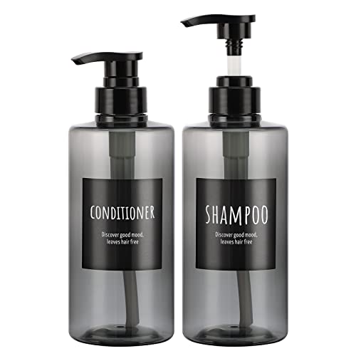 Segbeauty 2 Stück Leere Shampoo-Flaschen, 500ml Grau Seifenspender mit Etiketten, 16.9oz Nachfüllbare Shampoo-Dusch-Pumpflaschen, 500ml Leerer Plastikpresse Conditioner Lotionsspender von Segbeauty