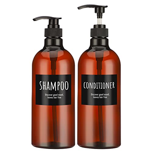 Segbeauty 2 Stück Pumpflaschen für Shampoo und Spülung, 1000ml Braun Leere Plastikflaschen mit Etiketten, 33,8 oz großer wiederverwendbarer Shampoo-Conditioner-Spender, nachfüllbare Pumppress-Flaschen von Segbeauty