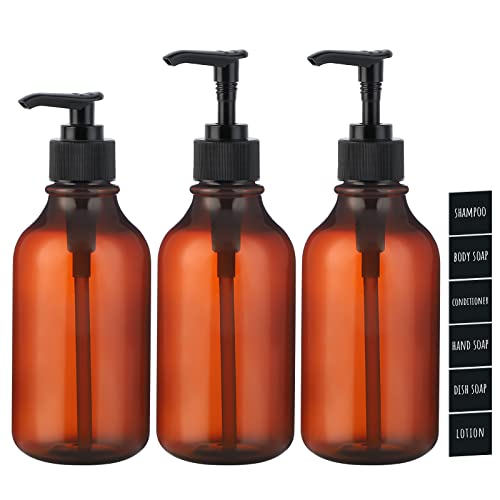 Segbeauty Lotion Dispenser, 3 Stück 300ml Seifenspender mit Etiketten für Shampoo Flüssigseife Duschgel, Spülmittelspender zum Befüllen, Nachfüllbar Plastikflasche für Küche Bad, Bernstein von Segbeauty