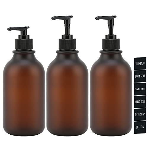 Segbeauty Lotion Dispenser, 3 Stück 500ml Seifenspender für Shampoo Flüssigseife Duschgel, Spülmittelspender zum Befüllen mit Etiketten, Nachfüllbar Plastikflasche für Küche Bad, Bernstein-Runddüse von Segbeauty