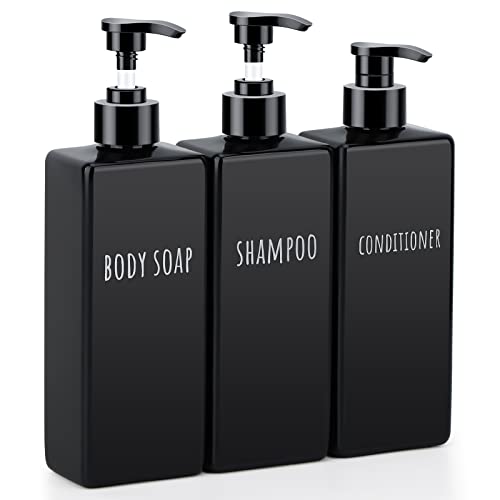 Segbeauty Lotion Dispenser Quadratisch, 3 Stück 500ml Schwarz Seifenspender Set mit Etiketten für Shampoo Conditioner Body Soap, Nachfüllbar Kunststoff Pumpflaschen für Bad, Familienpaket von Segbeauty