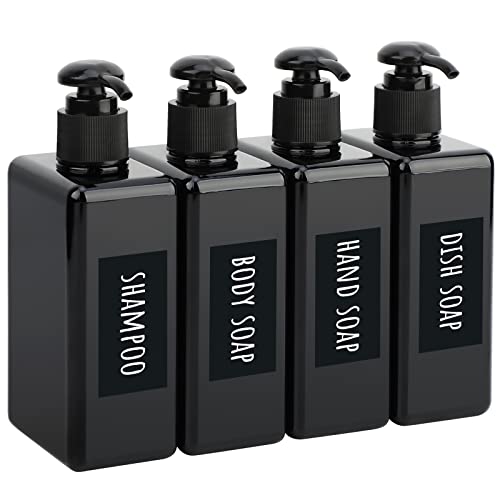 Segbeauty Lotion Dispenser Quadratisch, 4 Stück 280ml Schwarz Seifenspender Set mit Handgeschriebene Etiketten für Shampoo Duschgel Soap Flüssigseife, Nachfüllbar Kunststoff Pumpflaschen für Küche Bad von Segbeauty