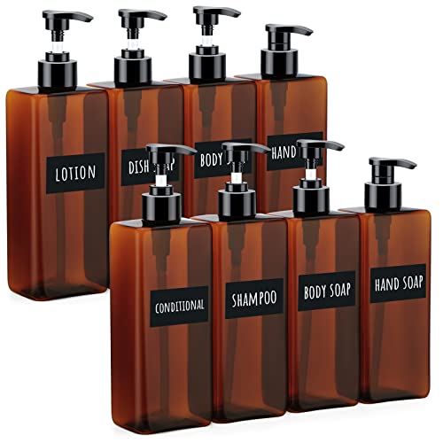 Segbeauty Seifenspender Bad 8er-Set, 500ml Pumpflaschen auf Kunststoff mit Wasserdichtes Etiketten, Nachfüllbar für Shampoo, Conditoner, Familienset mit großer Kapazität, Transluzentes Braun/Bernstein von Segbeauty