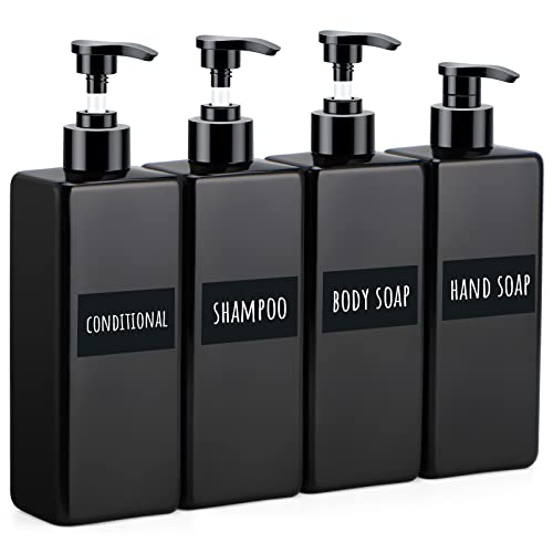 Segbeauty Seifenspender Schwarz, 500 ml 4er-Set Kunststoff Pumpflasche zum Befüllen, inkl. Bad Wasserdichtes Etiketten, Leerspender für Shampoo, Lotion, Conditioner, Body Soap, Hand Soap von Segbeauty