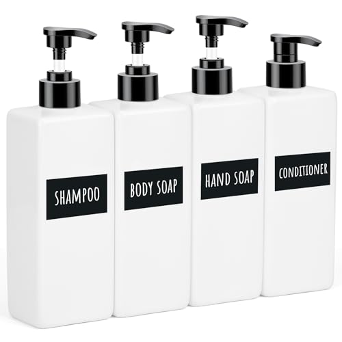 Segbeauty Seifenspender Weiß, 4 Stück 500ml Seifenspender Set, Seifenspender Kunststoff, Duschgel Spender, Pumpflasche Shampoo mit Wasserdichtes Etiketten, Duschgel Flasche zum Befüllen von Segbeauty