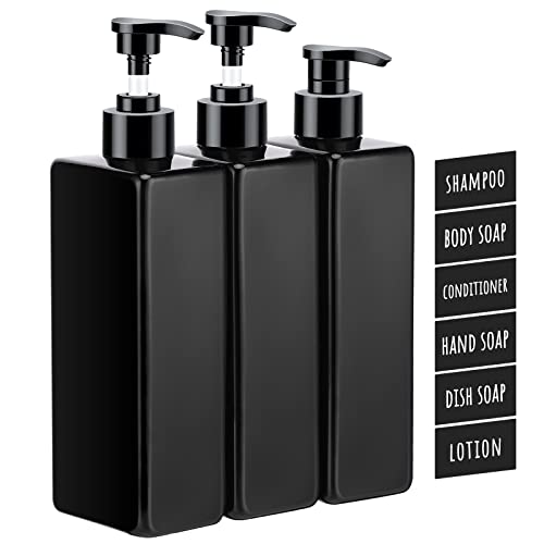 Segbeauty Shampoo Flaschen, 3 Stück 500 ml Leere Pumpflasche, Nachfüllbare Seifenspender Plastik, Shampoo Spülung Duschgel Spender mit Selbstklebend Wasserdichten Etiketten für Küche Bad, Schwarz von Segbeauty