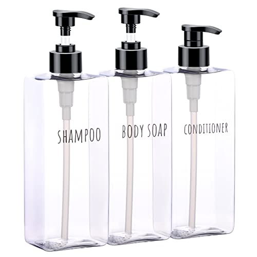 Segbeauty Transparenter Seifenspender, 500 ml 3er Set Pumpflasche mit Wasserdichtes Etiketten, Kunststoff Leerflaschen für Shampoo Conditioner Body Soap, Minimalistisches Design Reiseflaschen Set von Segbeauty