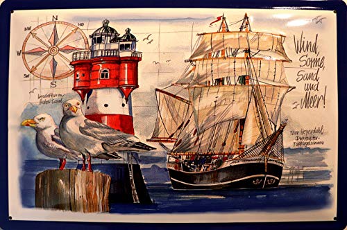 Segelschiff Thor Heyerdahl & Leuchtturm Roter Sand Blechschild Metallschild Schild 3D geprägt gewölbt Metal Tin Sign 20 x 30 cm von Segelschiff Thor Heyerdahl & Leuchtturm Roter Sand