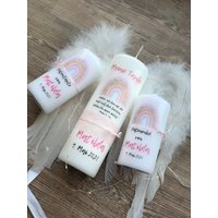 Set Taufkerze Und 2 Patenkerzen Blauer Oder Rosa Regenbogen Mit Taufspruch von SegenRegen