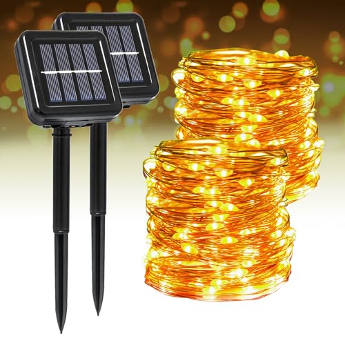 Segotendy Solar Lichterkette Aussen, 2 Stück Gesamtlänge 44M 400LED, IP65 Wetterfest 8 Modi KupferDraht Solarlichterkette Außen, Außenbeleuchtung Deko für Garten Balkon Hochzeit, Warmweiß von Segotendy