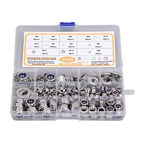 290pcs Nusswaschmaschine Sortiment Kit 304 Edelstahl -Nylonverriegelmuttern und Unterlegscheiben Set M4 M5 M6 M8 M10 M12 für Möbelreparatur- und DIY -Projekte von Segrehy
