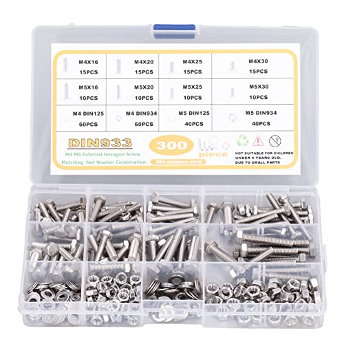 304 Edelstahl Din933 Hex Bolzen Din934 Muttern Din125 Unterlegscheiben M4 M5 Schrauben Sortiment Kit für Möbelreparaturen Mechanische Instrumente DIY -Projekte 300 Stück Set Set von Segrehy