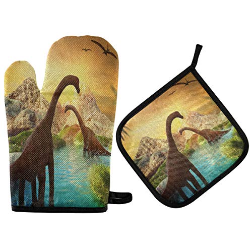 Segur 3D Dinosaurier Ofenhandschuhe Topflappen Set Berge Tier Rutschfeste Kochen Küchenhandschuhe Waschbar Hitzebeständige Ofenhandschuhe für Mikrowelle BBQ Backen Grillen Geschenk von Segur