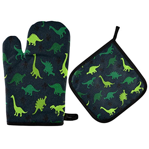 Segur Bunte Dinosaurier-Ofenhandschuhe, Topflappen-Set, grünes Tier, rutschfest, Kochen, Küchenhandschuhe, waschbar, hitzebeständig, Ofenhandschuhe für Mikrowelle, Grillen, Geschenk von Segur