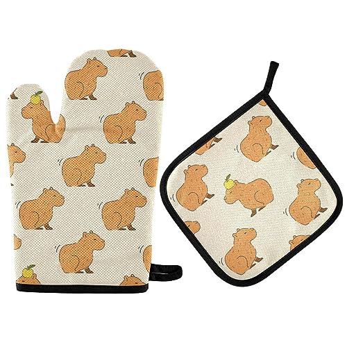 Segur Niedliches Capybara Ofenhandschuhe und Topflappen-Set, Cartoon-Tier-Küchenhandschuhhalter, hitzebeständige Küchenhandschuhe für Grillen, Backen, Grillen von Segur