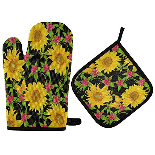 Segur Sonnenblumen Ofenhandschuhe Topflappen Set Blätter Blumen Schmetterling rutschfeste Kochen Küchenhandschuhe Waschbar Hitzebeständige Ofenhandschuhe für Mikrowelle BBQ Backen Grillen von Segur