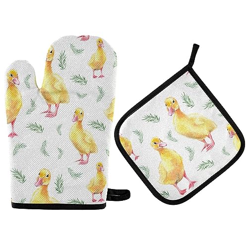 Segur Süße Aquarell-Enten-Ofenhandschuhe, Topflappen, weiß, Ofenhandschuh, heiße Pads, Kochen, Küche, hitzebeständig, heiße Pads für Mikrowelle, Grillen, Backen, Grillen von Segur