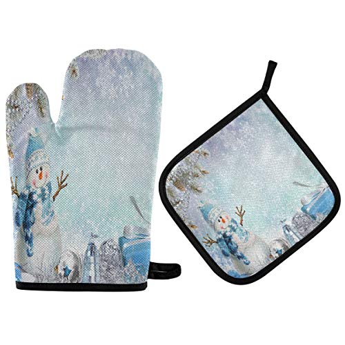 Segur Winter Schneemann Schneeflocken Ofenhandschuhe Topflappen Set rutschfeste Kochen Küchenhandschuhe Waschbar Hitzebeständige Ofenhandschuhe für Mikrowelle BBQ Backen Grillen von Segur