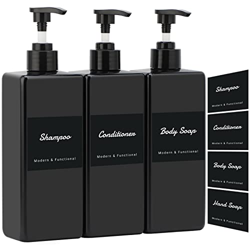 Segus Shampoo Flaschen zum Befüllen, 3 Stück 500ml Seifenspender mit Pumpenkopf, Separater Wasserdichter Aufkleber, zum Mehrfachen Befüllen von Shampoo, Conditioner, Händedesinfektionsmittel, Schwarz von Segus