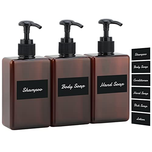 Segus Seifenspender, 3 Stück 280ml Pumpflasche, Shampoo Flaschen zum Befüllen, Soap Dispenser Plastik für Shampoo, Conditioner, Körperseife, Shampoo Spender mit Aufkleber, Bernstein von Segus