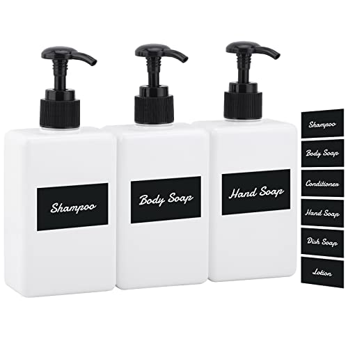 Segus Seifenspender Set mit Schwarzes Quadratisches Etikett, 3 Stück 280ml Kleine Leere Flüssigseifenpumpflasche für Bad Organizer, Nachfüllen mit Shampoo, Duschgel, Körpercreme, Massageöl, Weiß von Segus