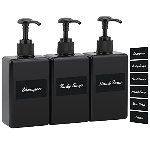 Segus Seifenspender mit Separater Etikettenaufkleber, 3 Stück Quadratische kleine Pumpflasche für Bad Organizer, Reiseportabilität Nachfüllen von Shampoo, Körpermilch, Reinigungsöl, 280ml, Schwarz von Segus