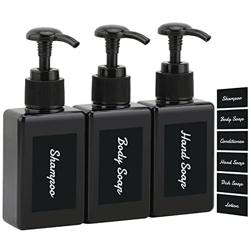 Segus Shampoo- und Spülungsspender, 3 Stück 100 ml schwarzer Seifenspender, nachfüllbare Shampooflaschen mit Pumpe, Badezimmerflaschen mit Etiketten, Flaschenspender für Reisen von Segus