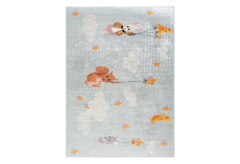 Sehrazat Teppich Teppich modern Design, Kinderteppich bunt, Rechteckig, Höhe: 5 mm, Motiv: Hase, Eichhörnchen, Maus, Motiv: Wolkenhimmer mit Tieren, glänzende Oberfläche, sehr schön von Sehrazat