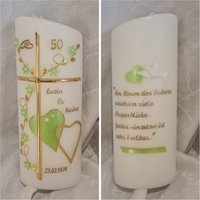 Hochzeitskerze Goldene Hochzeit Schräg Oval Reinweiss Oder Rund 25 X 8 cm Weiss Gold Grün Taube Farblich Individuell. Herz Kreuz Wunschtext von Seifenfeeshop