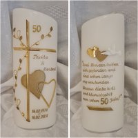 Hochzeitskerze Goldene Hochzeit Schräg Oval Reinweiss Oder Rund 25 X 8 cm Weiss Gold Taube Farblich Individuell. Herz Kreuz Wunschtext von Seifenfeeshop