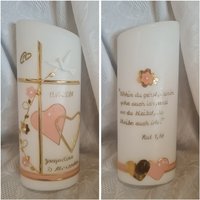 Hochzeitskerze Schräg Oval Oder Rund 25 X 8 cm Reinweiss Apricot Silber. Wunschtext Auf Der Rückseite. Herz Blume Kreuz Taube von Seifenfeeshop