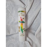 Kommunionkerze Taufkerze 30 X 5 cm Oder 6 in Reinweiß Elfenbein Regenbogen Taube Fisch Kreuz Kelch Gold. Farblich Individuell von Seifenfeeshop