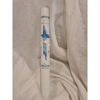Kommunionkerze Taufkerze 40 X 4, 5 Oder 35 cm in Weiß Elfenbein Blau Silber Kelch Kreuz Taube Fisch von Seifenfeeshop