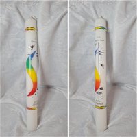 Kommunionkerze Taufkerze 40X4 Oder 40X5 cm 35 X 5 Weiss Elfenbein. Regenbogenfarben Bunt Silber Fisch Kreuz Taube von Seifenfeeshop