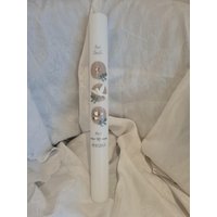 Kommunionkerze Taufkerze Elfenbein Oder Reinweiss 40 X 4 cm 5 35 Hellbraun Grün Weiss Vintage Name Datum Taube Kreuz von Seifenfeeshop