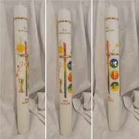 Kommunionkerze Taufkerze Elfenbein Oder Reinweiss 40 X 4 cm 5 cm, 35 Regenbogen Kelch Sonne Alpha Omega Taube Fisch Kreuz Gold von Seifenfeeshop