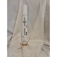 Kommunionkerze Taufkerze Elfenbein Reinweiss 40 X 4 cm 5 35 Hellbraun Grün Weiss Vintage Name Datum Taube Kreuz von Seifenfeeshop