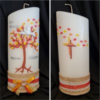 Taufkerze Firmkerze Konfirmationschräg Oval Reinweiss Oder Rund 25 X 8 cm Silber Lebensbaum Orange Rot Gelb . Farblich Individuell von Seifenfeeshop