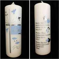 Taufkerze Rund 25 X 8 cm Oder Schräg Oval Hellblau Silber. Wunschtext, Psalm, Taufspruch. Farblich Individuell von Seifenfeeshop