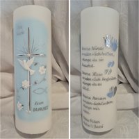 Taufkerze Rund 25 X 8 cm Oder Schräg Oval Reinweiss Hellblau Glitzer Silber. Option Taufspruch Wunschtext Psalm von Seifenfeeshop