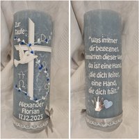 Taufkerze Rustik 190 X 68 Mm Himmelblau Silber Weiß Dunkelblau Kreuz Taube Alpha Omega. Wunschtext Psalm Taufspruch Teelichteinsatz Wählbar von Seifenfeeshop