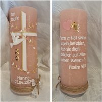 Taufkerze Rustik 190 X 68 Mm Rosa Weiss Gold Herz Kreuz Taube Name Datum . Wunschtext Psalm Taufspruch Teelichteinsatz Glas von Seifenfeeshop