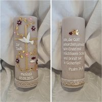 Taufkerze Rustik 190 X 68 Mm Sandgrau Rosa Weinrot Gold Kreuz Taube. Wunschtext Psalm Taufspruch. Teelichteinsatz Aus Glas Wählbar von Seifenfeeshop